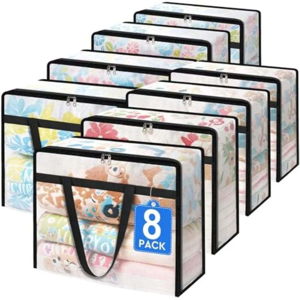8 Pack Clear Clothes Storage Bags, Moving Bags, Foldable